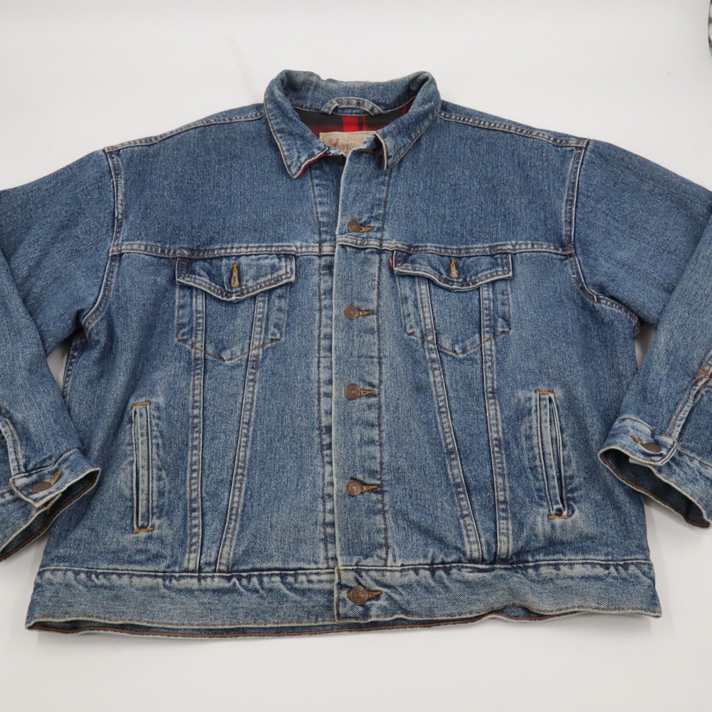 Levi's Denim Trucker Jacket Mens Large Blue Plaid Lined Made in USA 70427